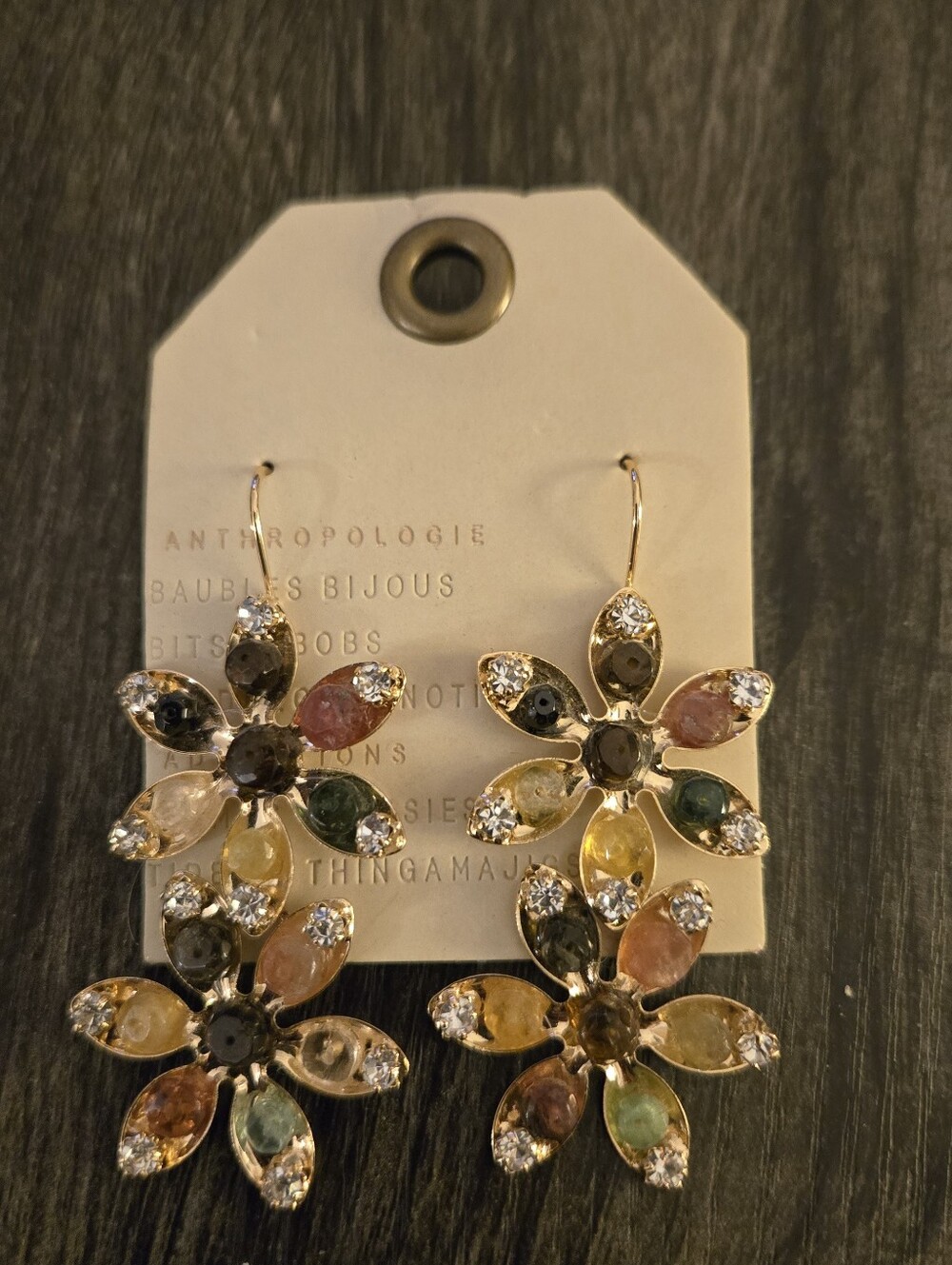 Anthropologie Gold-Tone Floral Drop Earrings with Multicolor Stones